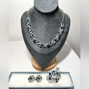 Coro Silver and Blue Necklace Brooch & Clip-on Earrings BLUE SILVER